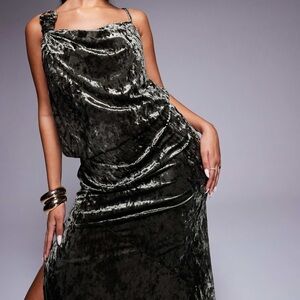 ASOS Crushed Velvet Trim Detail Draped Maxi Dress Green Size 6